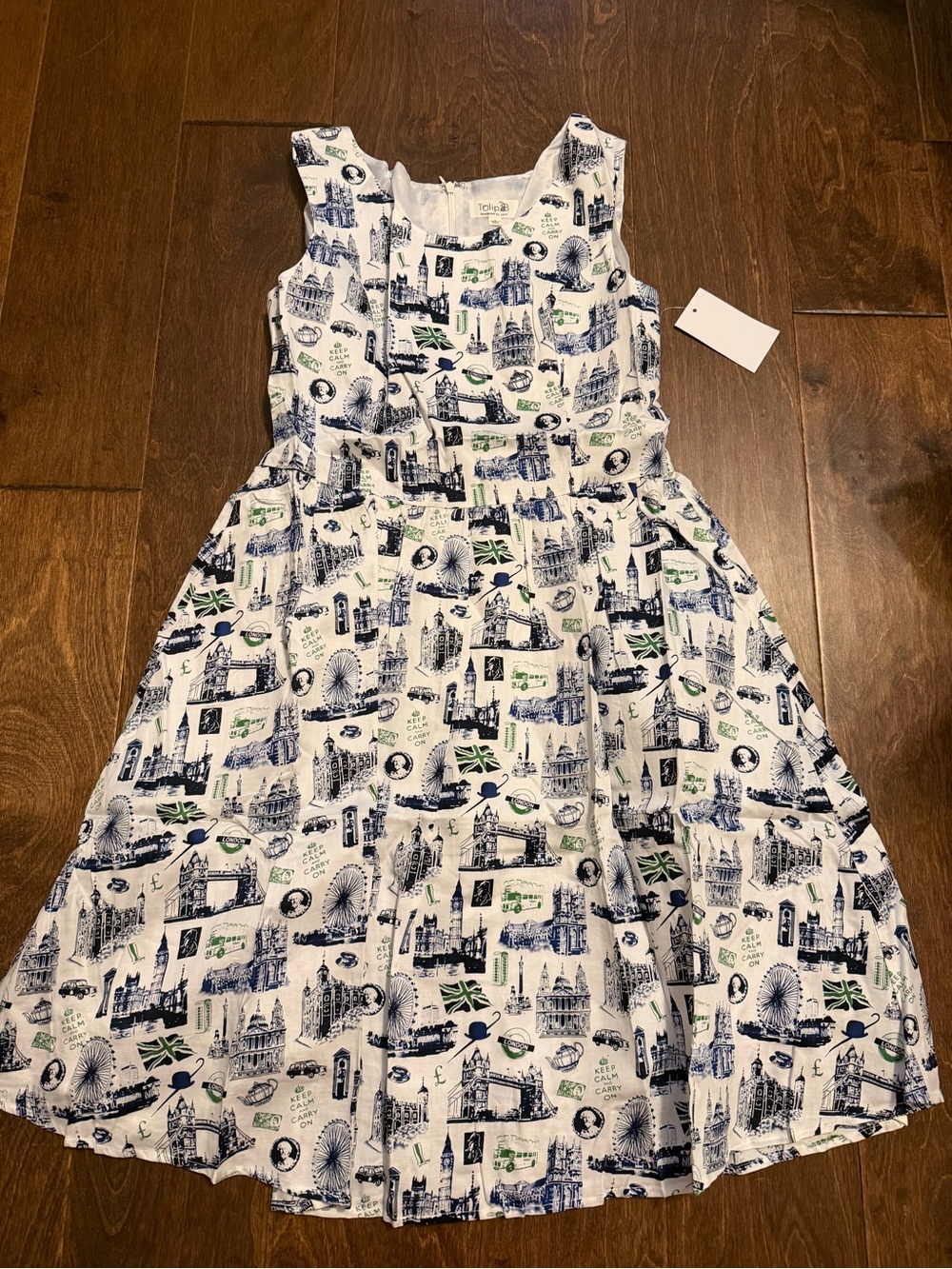 Casual Fit-and-Flare White Dress with Navy & Green City Print